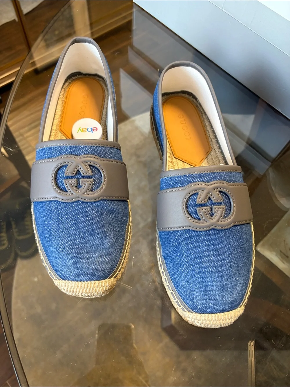 Gucci Blue Denim Espadrilles with Gray Leather Trim Men’s 7. NWT